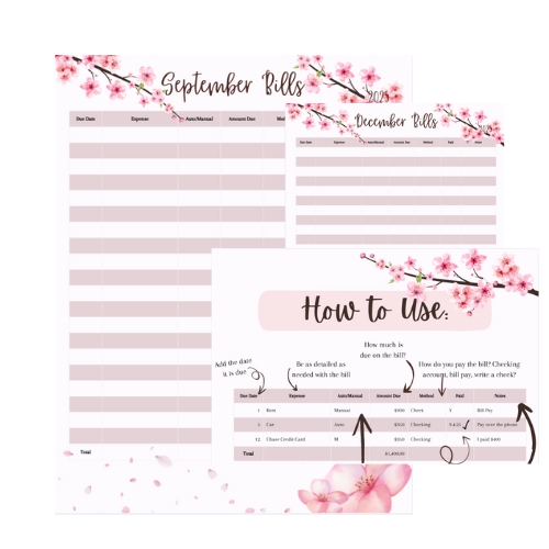 2025 Cherry Blossom Design Bill Tracker - Printable